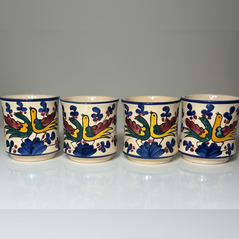 Eduardo Vega Pottery Vintage Mugs - Set of 4 - Peacock Signed, Rare, 6.5 oz MCM